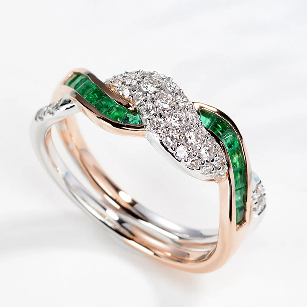 Two Tone Gold Diamond and Emerald Crossover Fashion Ring