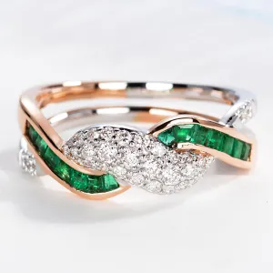 Two Tone Gold Diamond and Emerald Crossover Fashion Ring
