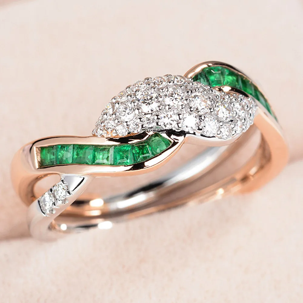 Two Tone Gold Diamond and Emerald Crossover Fashion Ring