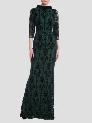 Velvet Lace Boat Neck Dress in Emerald