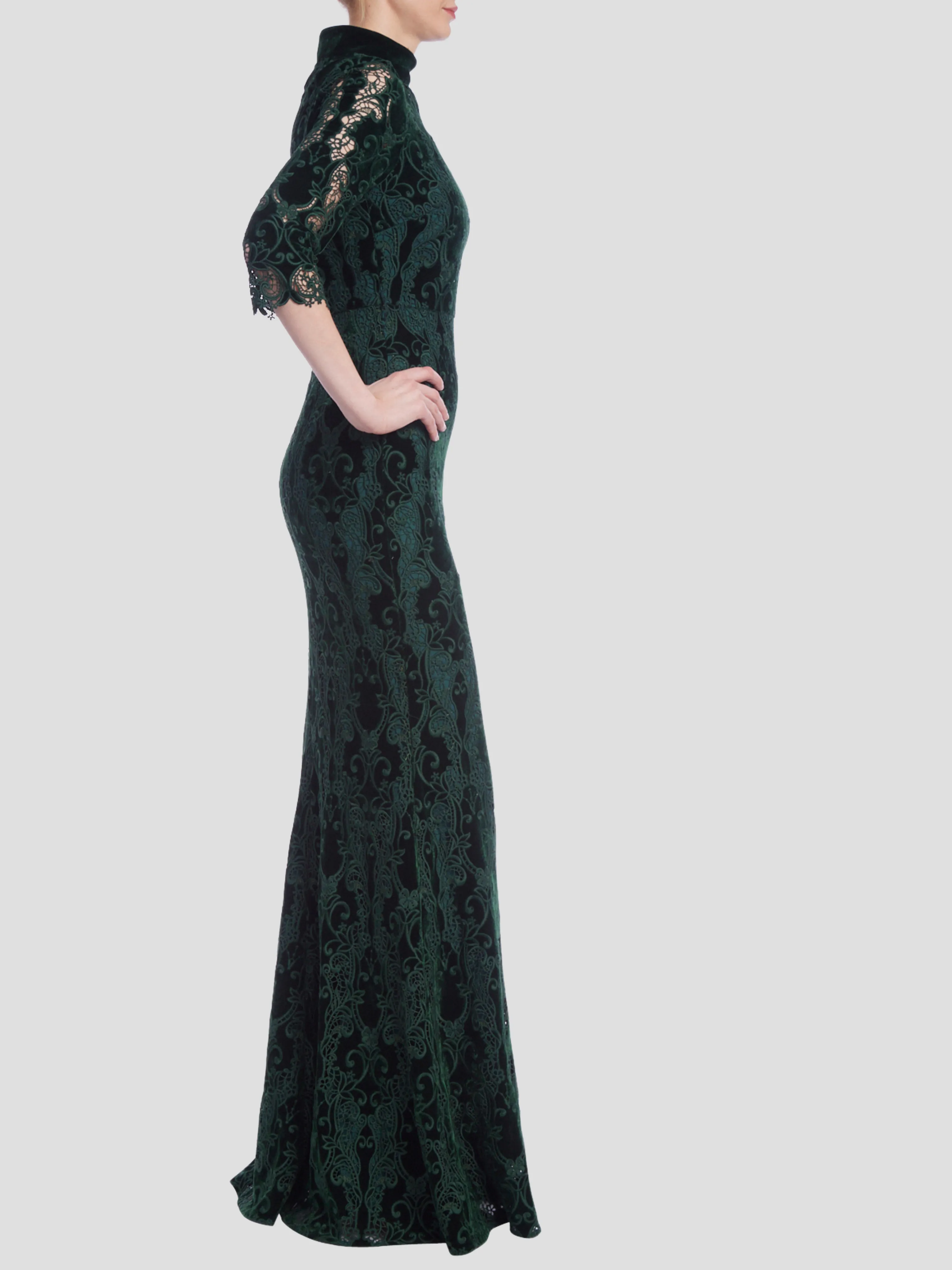 Velvet Lace Boat Neck Dress in Emerald