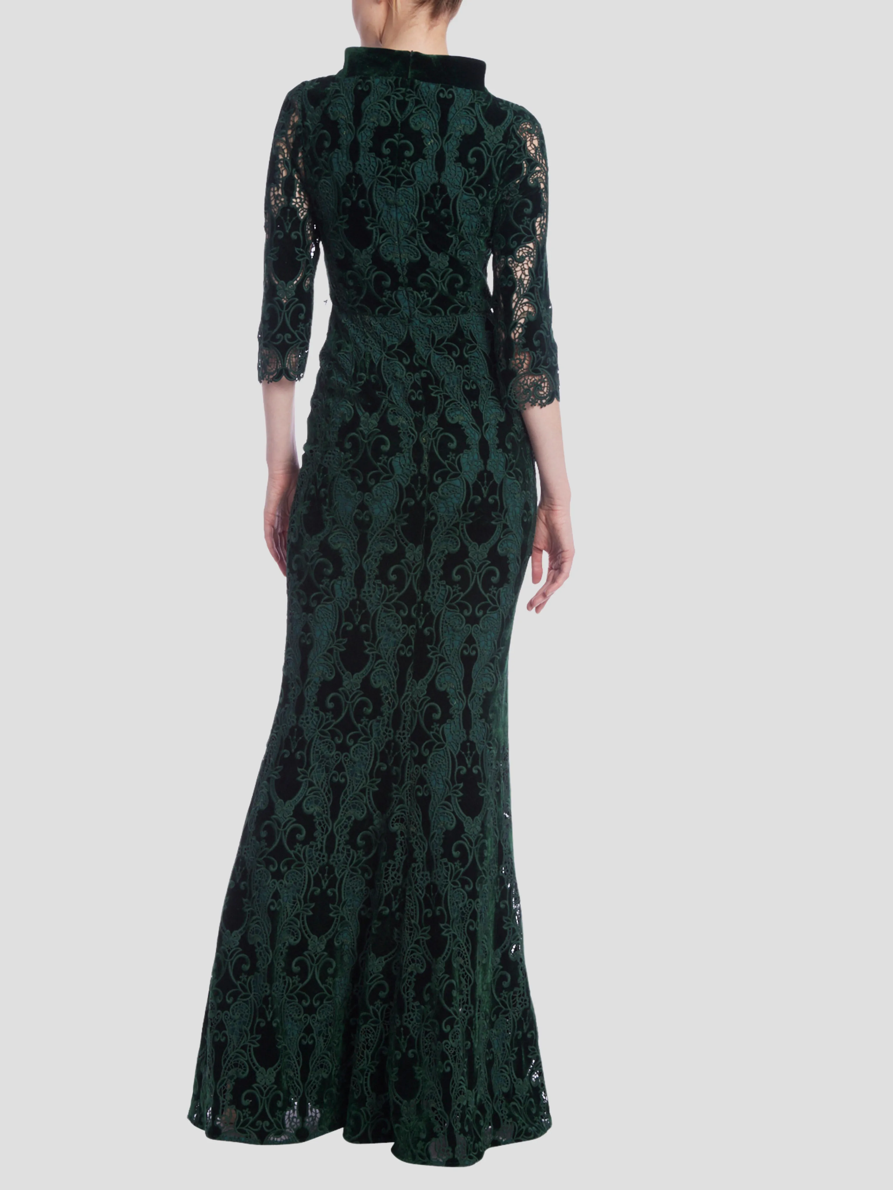Velvet Lace Boat Neck Dress in Emerald