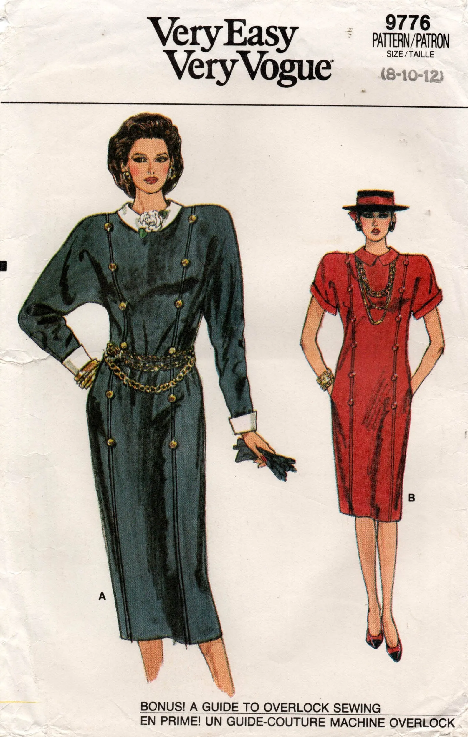 Very Easy Vogue 9776 Womens Dress with Button Trim 1980s Vintage Sewing Pattern Size 8 - 12