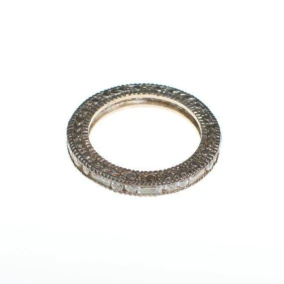 Vintage Art Deco Inspired Sterling Silver Cubic Zirconia Eternity Band Ring with Baguette and Round Cut Stones