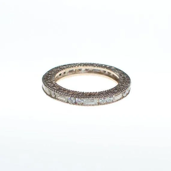 Vintage Art Deco Inspired Sterling Silver Cubic Zirconia Eternity Band Ring with Baguette and Round Cut Stones