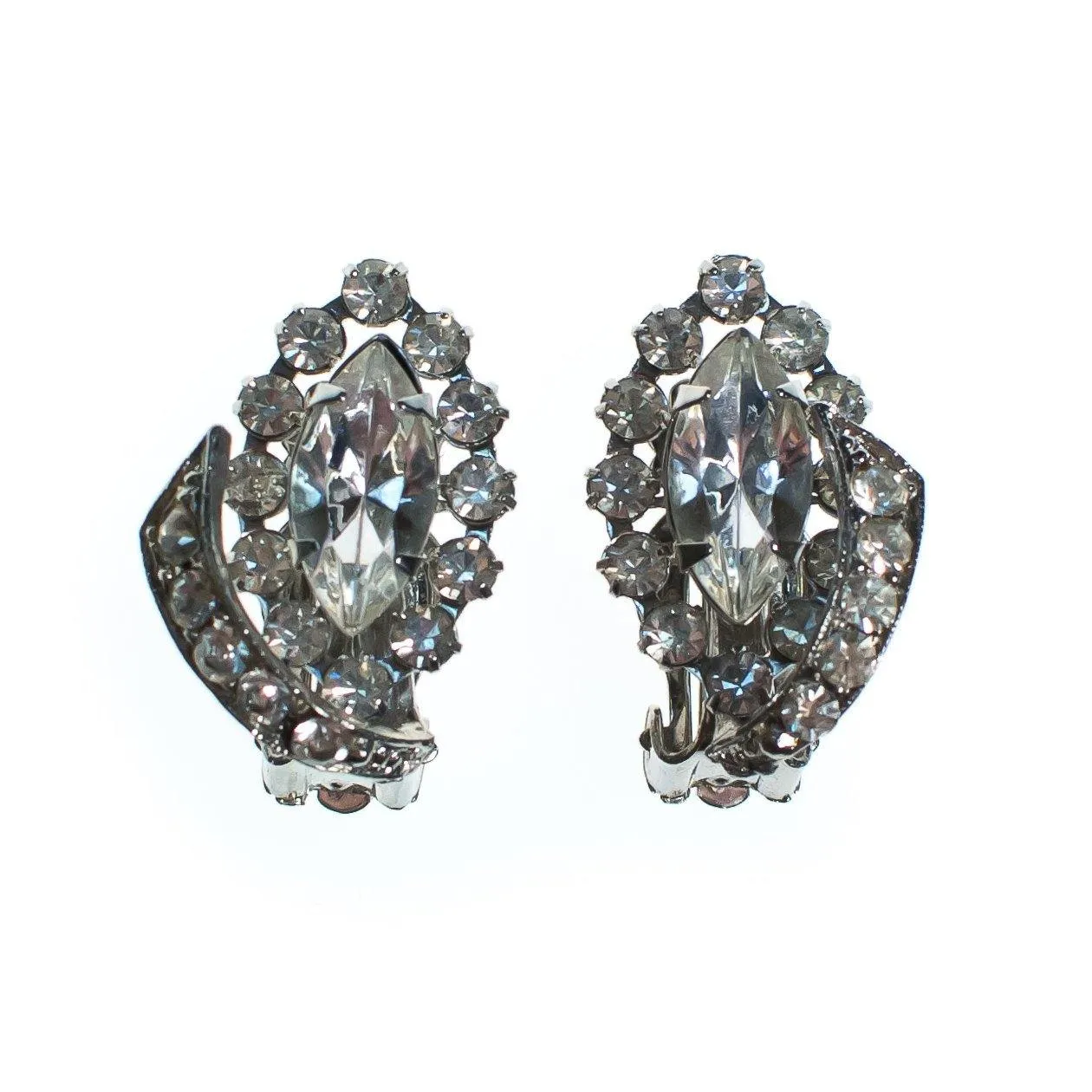 Vintage Art Deco Marquise and Brilliant Rhinestone Statement Earrings