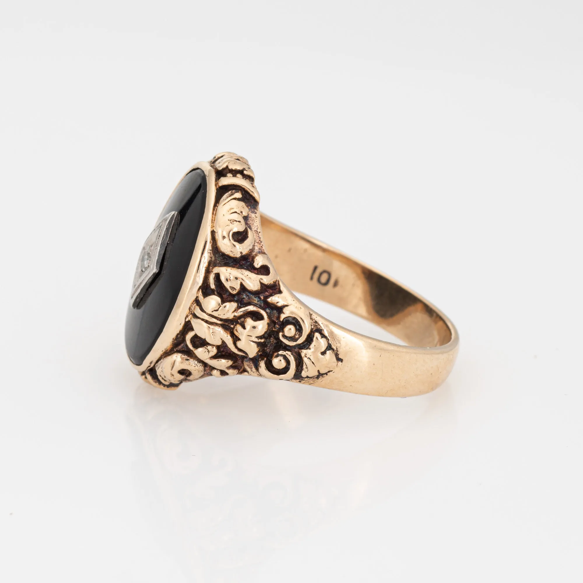 Vintage Art Deco Ring Onyx Diamond Men's 10k Yellow Gold Sz 9.5 Oval Signet