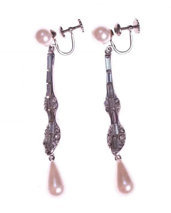 Vintage Art Deco Style Marvella Pearl and Diamante Teardrop Earrings
