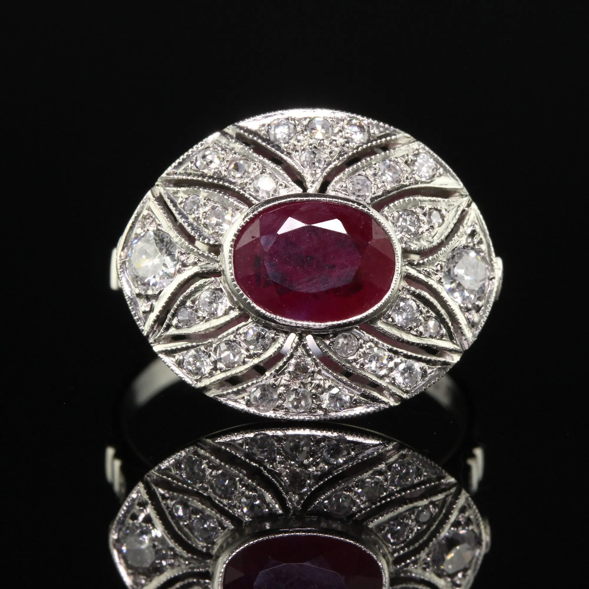 Vintage Art Deco Style Platinum Ruby and Diamond Cocktail Ring