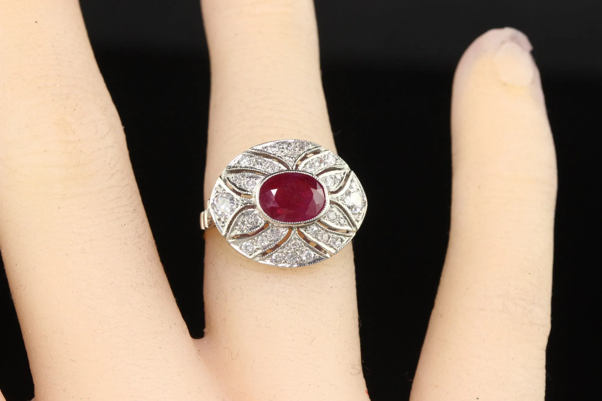 Vintage Art Deco Style Platinum Ruby and Diamond Cocktail Ring