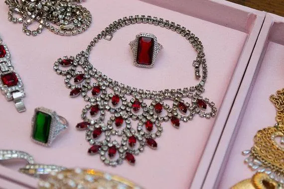 Vintage Art Ruby Red and Diamante Rhinestone Bib Necklace