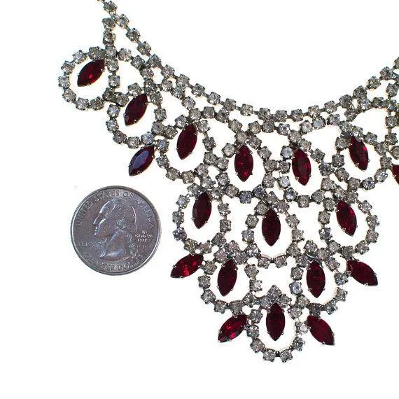 Vintage Art Ruby Red and Diamante Rhinestone Bib Necklace
