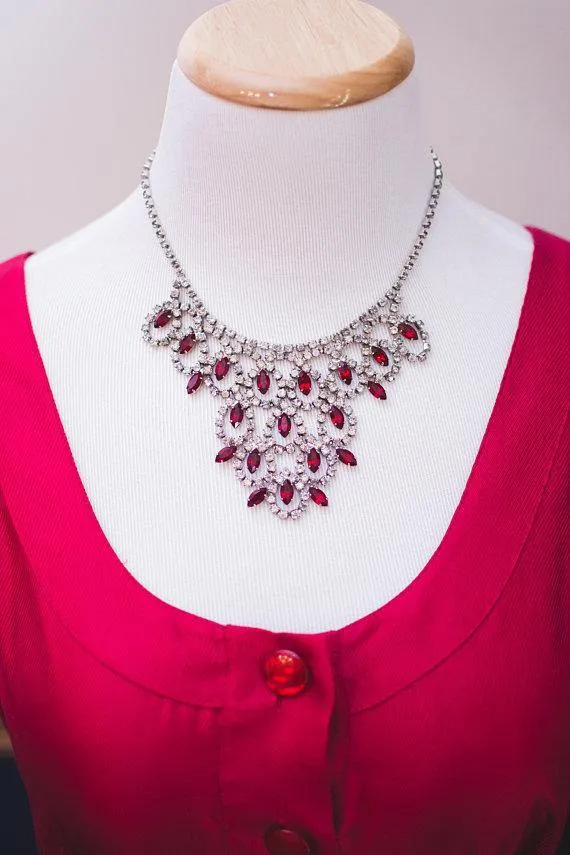 Vintage Art Ruby Red and Diamante Rhinestone Bib Necklace