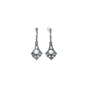 Vintage Deco Marcasite Antique Akoya Saltwater Cultured Pearl Pierced Drop Earrings- Sterling Silver