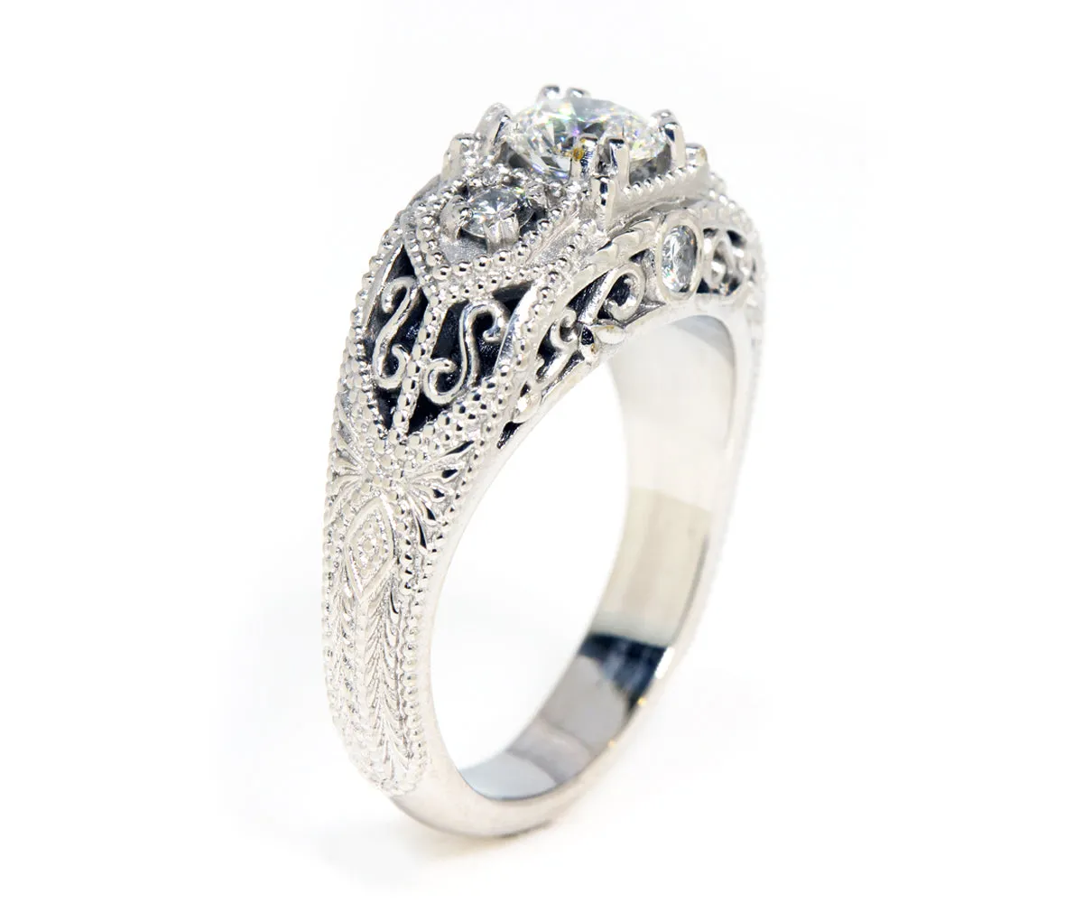 Vintage Engraved Halo Filigree Diamond Ring