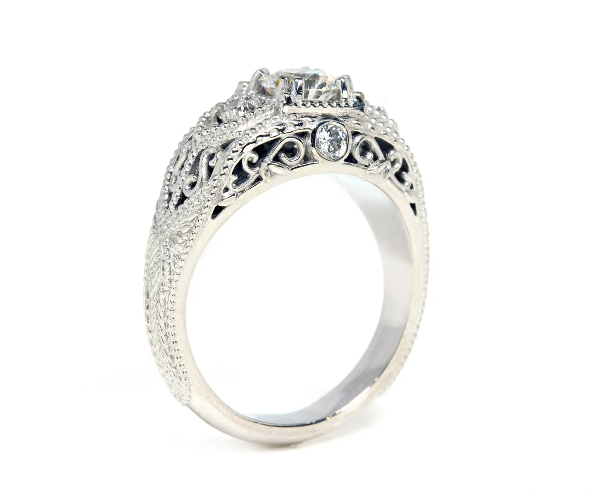 Vintage Engraved Halo Filigree Diamond Ring