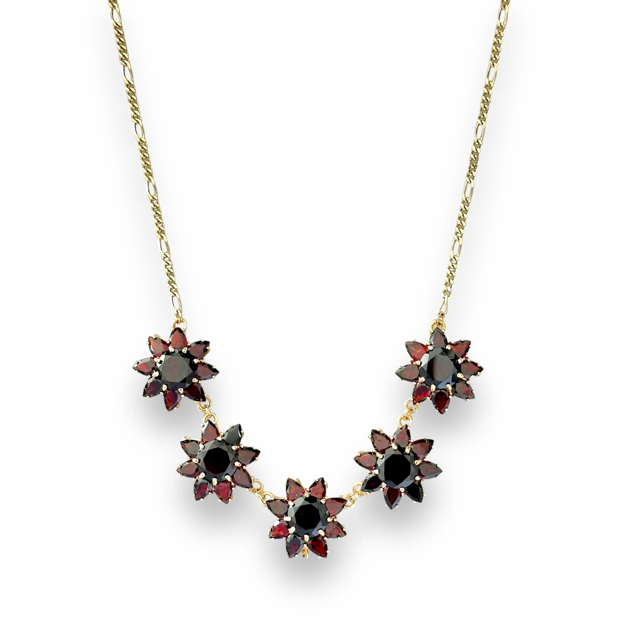 Vintage Floral Garnet 14K Gold Figaro Necklace 16”