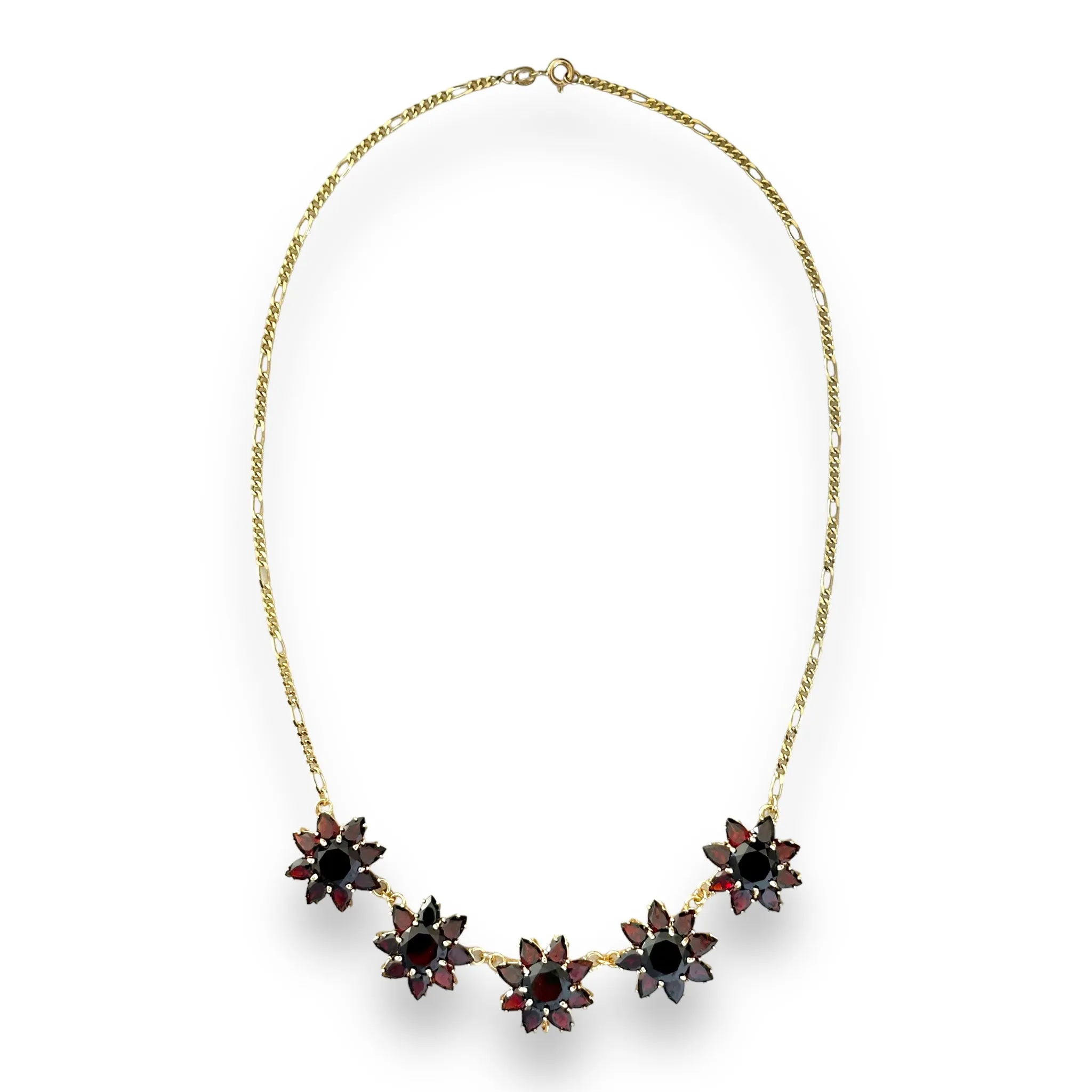 Vintage Floral Garnet 14K Gold Figaro Necklace 16”