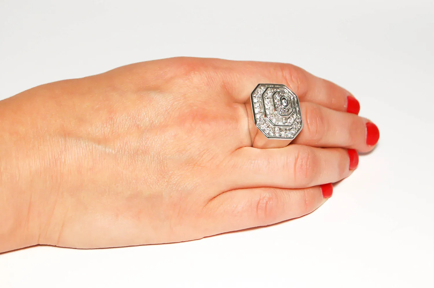 Vintage Huge Art Deco Silver Tone Rhinestone Cocktail Statement Ring Three Dimensional Octagonal Shape