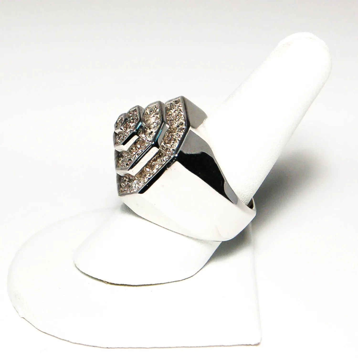 Vintage Huge Art Deco Silver Tone Rhinestone Cocktail Statement Ring Three Dimensional Octagonal Shape