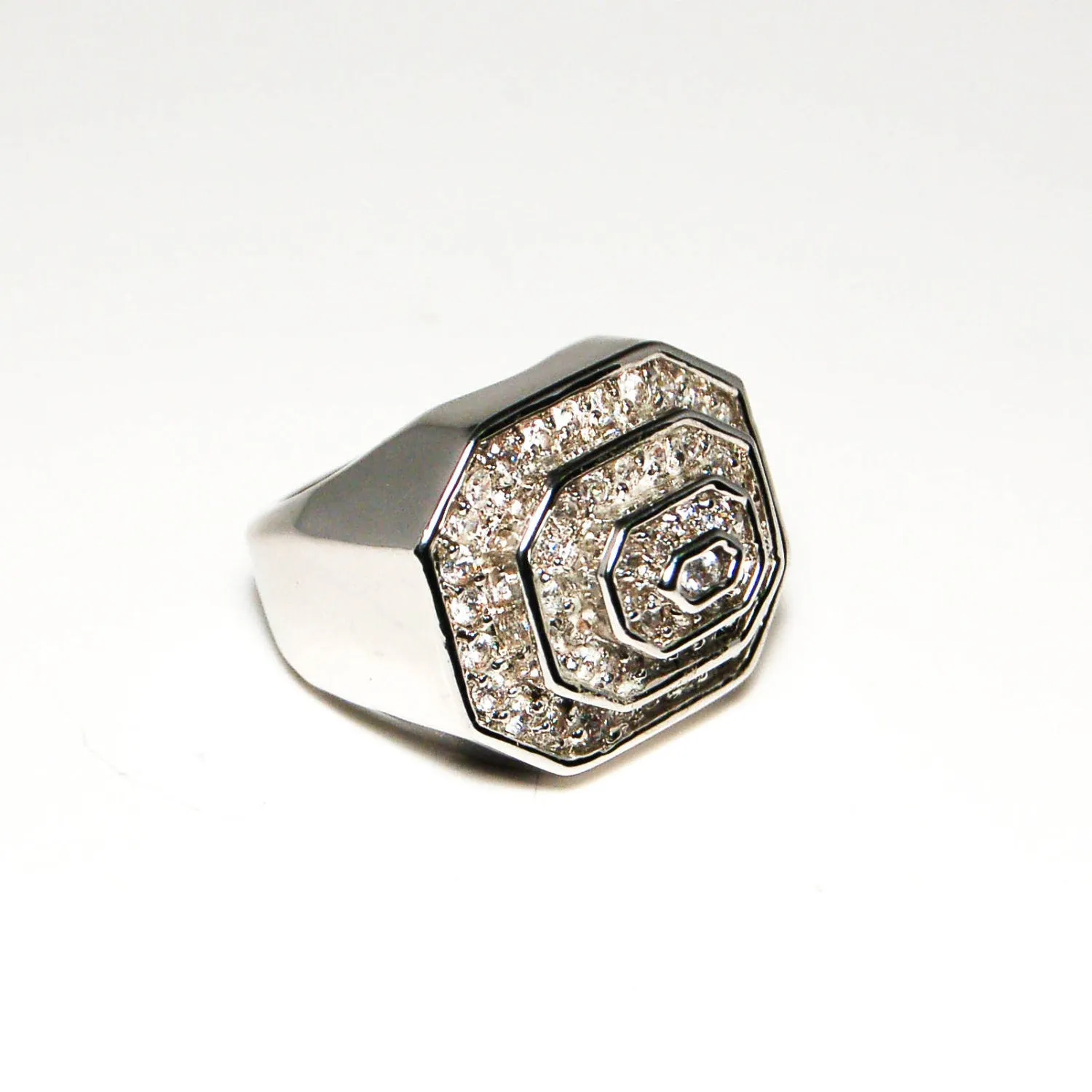 Vintage Huge Art Deco Silver Tone Rhinestone Cocktail Statement Ring Three Dimensional Octagonal Shape