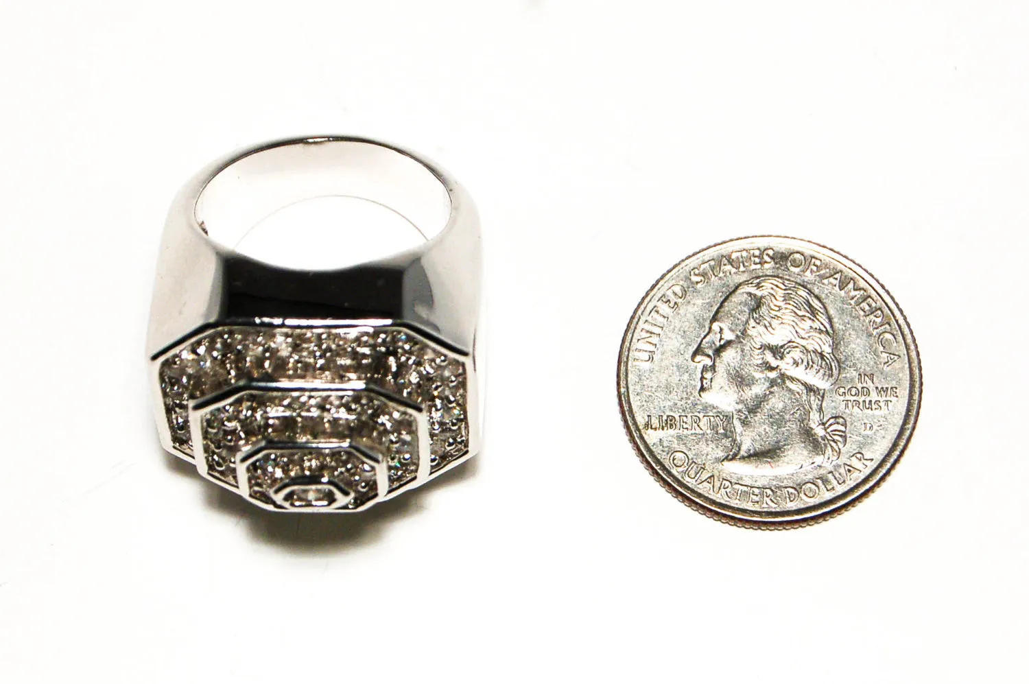 Vintage Huge Art Deco Silver Tone Rhinestone Cocktail Statement Ring Three Dimensional Octagonal Shape