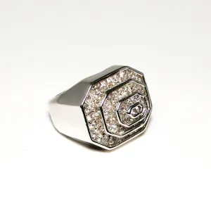 Vintage Huge Art Deco Silver Tone Rhinestone Cocktail Statement Ring Three Dimensional Octagonal Shape
