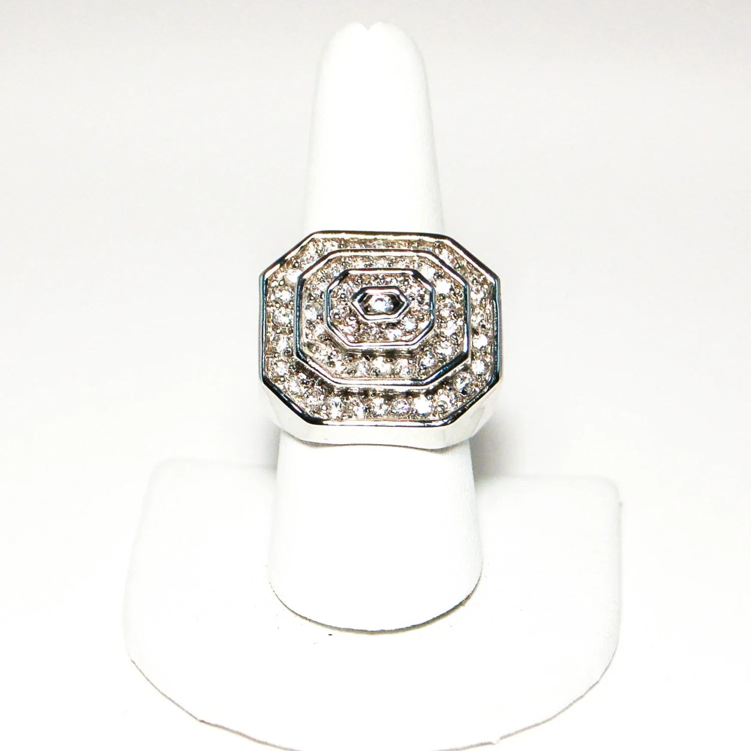 Vintage Huge Art Deco Silver Tone Rhinestone Cocktail Statement Ring Three Dimensional Octagonal Shape