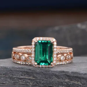 Vintage Inspired Emerald Bridal Ring Set, Emerald Cut