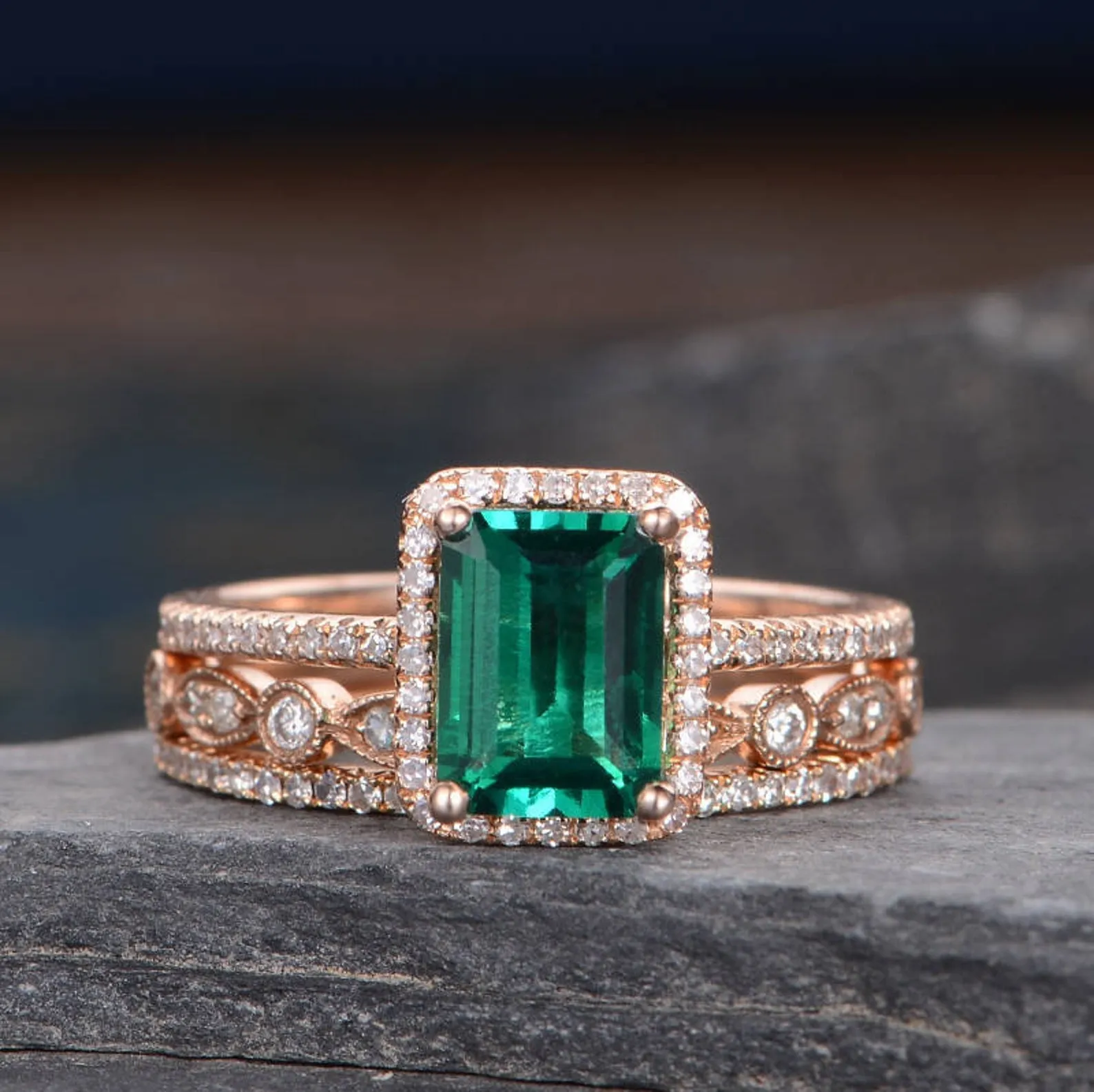 Vintage Inspired Emerald Bridal Ring Set, Emerald Cut