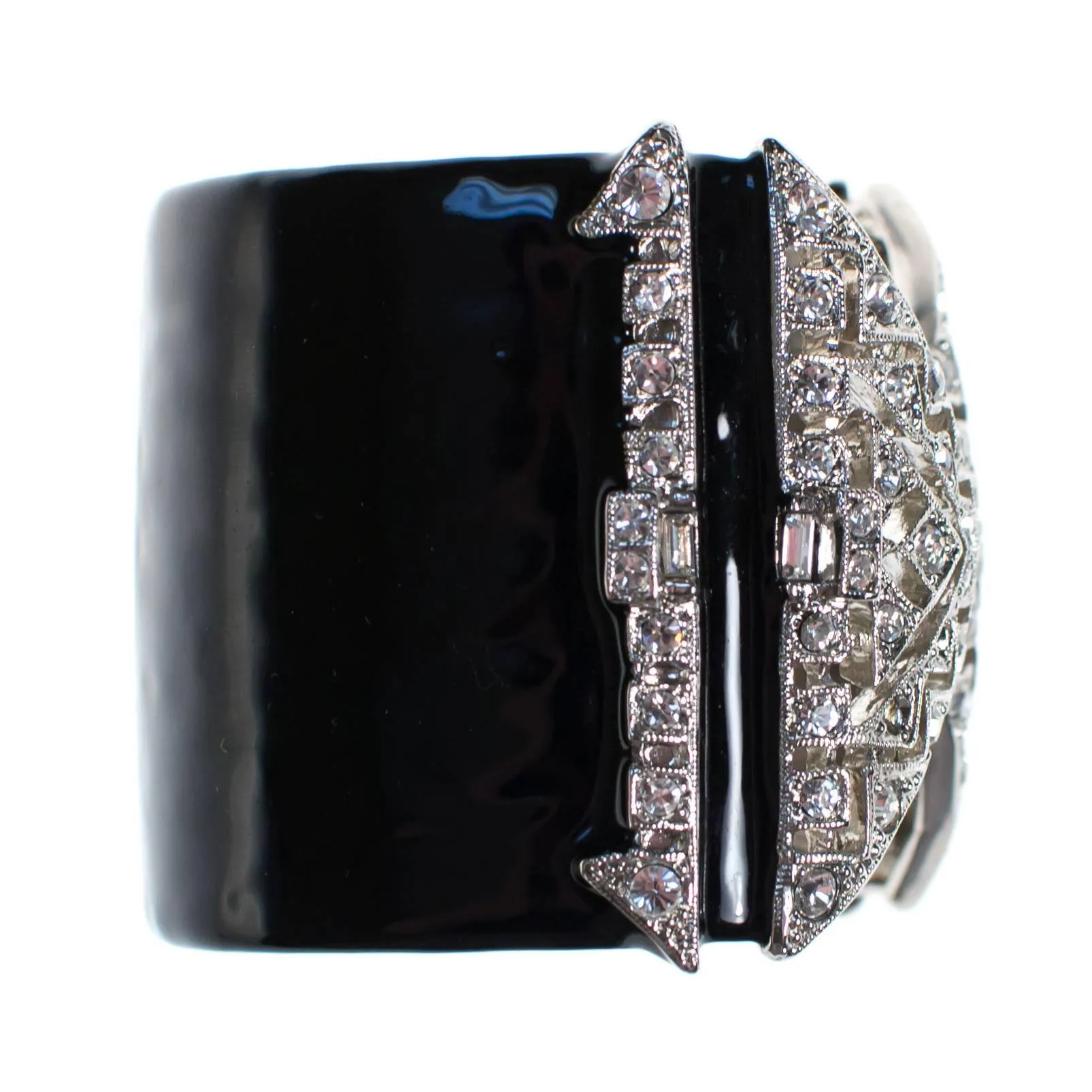 Vintage Kenneth Jay Lane Art Deco Rhinestone and Black Enamel Wide Cuff Statement Bracelet