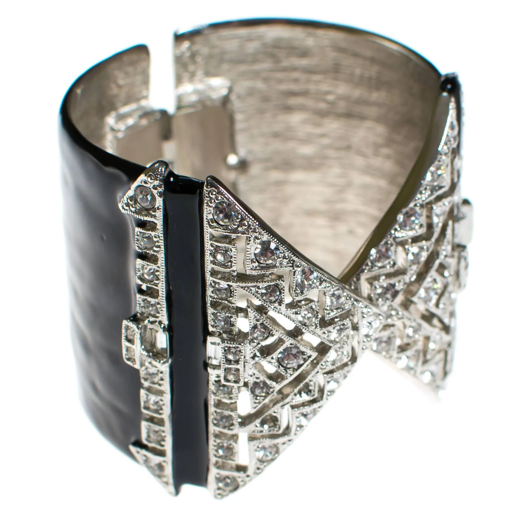 Vintage Kenneth Jay Lane Art Deco Rhinestone and Black Enamel Wide Cuff Statement Bracelet