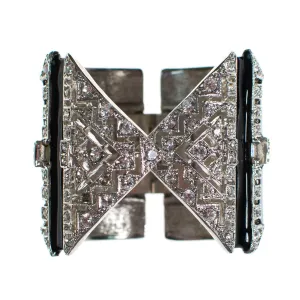 Vintage Kenneth Jay Lane Art Deco Rhinestone and Black Enamel Wide Cuff Statement Bracelet