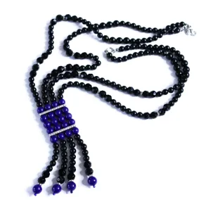 Vintage Kenneth Jay Lane Art Deco Style Blue Lapis Lucite and Black Bead Tassel Statement Necklace