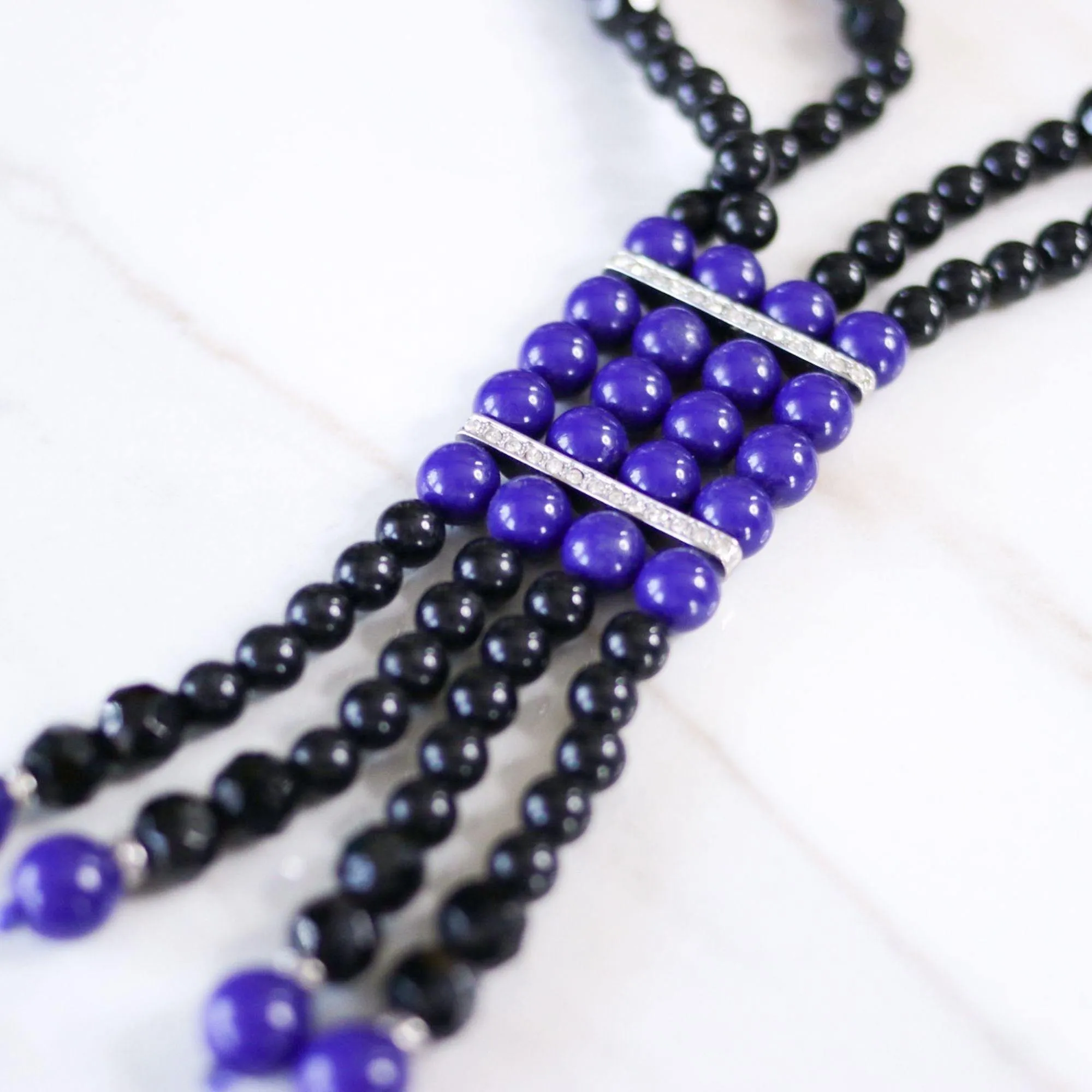 Vintage Kenneth Jay Lane Art Deco Style Blue Lapis Lucite and Black Bead Tassel Statement Necklace