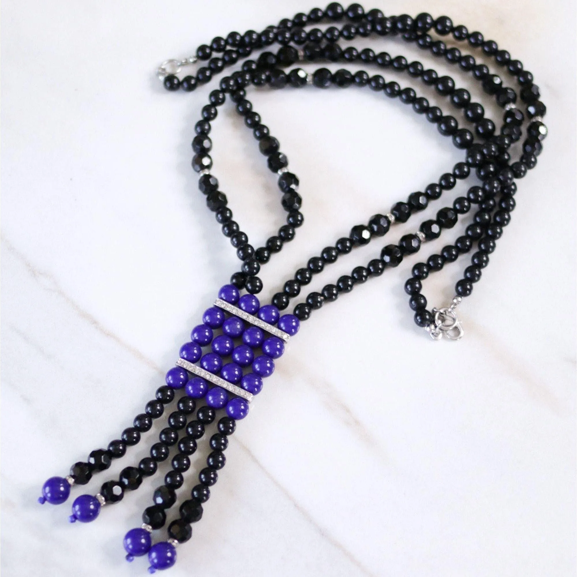 Vintage Kenneth Jay Lane Art Deco Style Blue Lapis Lucite and Black Bead Tassel Statement Necklace