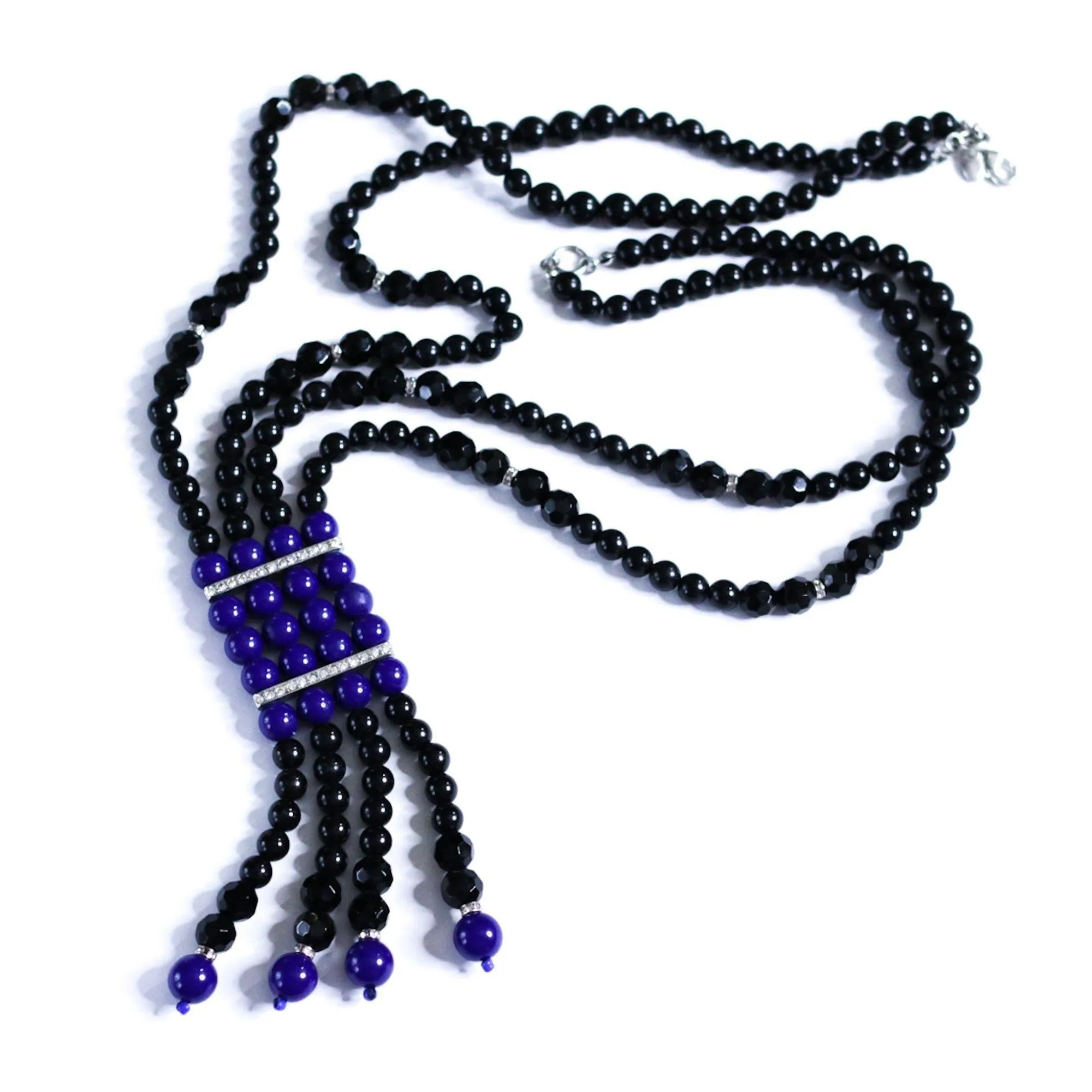 Vintage Kenneth Jay Lane Art Deco Style Blue Lapis Lucite and Black Bead Tassel Statement Necklace
