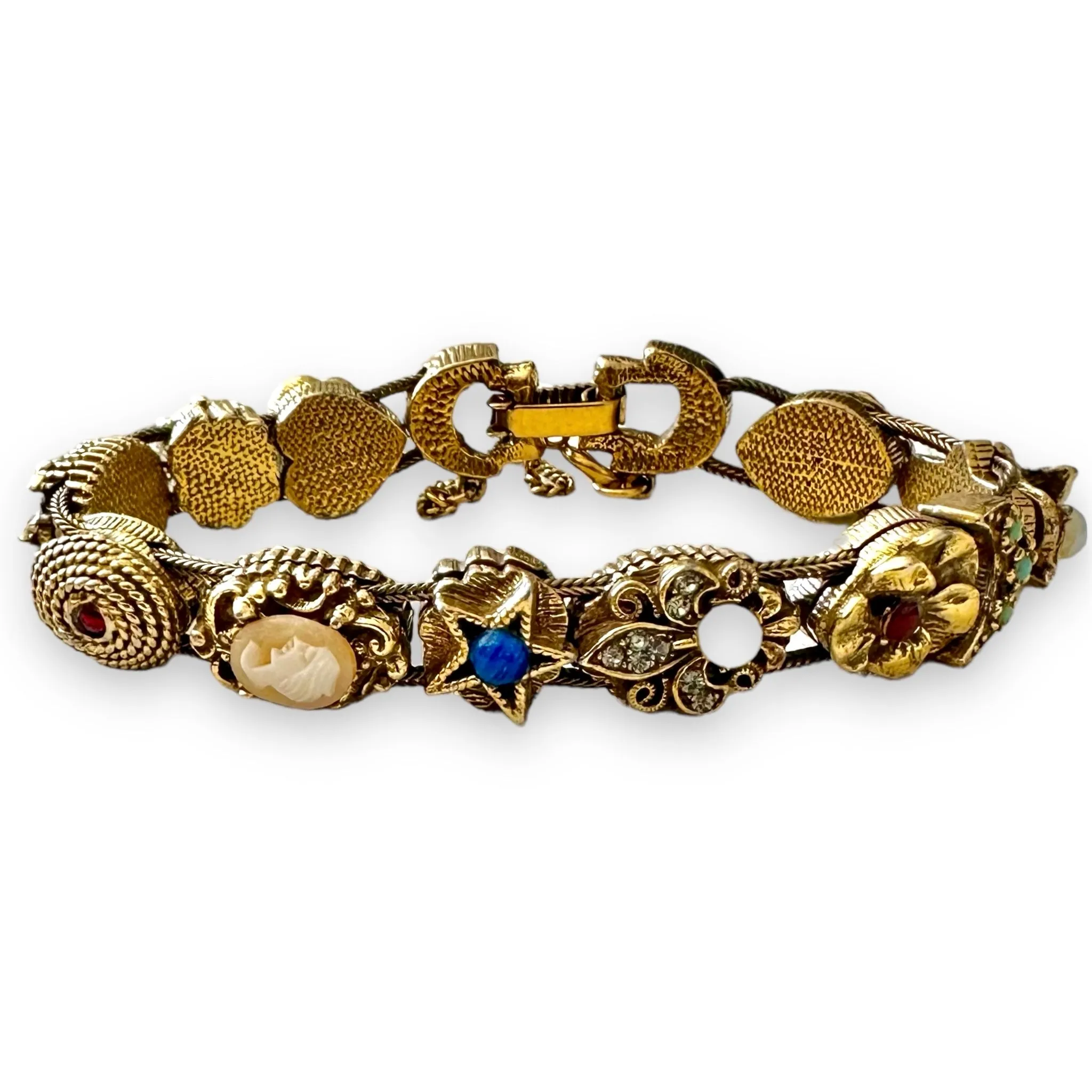 Vintage Mid Century Goldette Slide Unique Charms  Link Bracelet