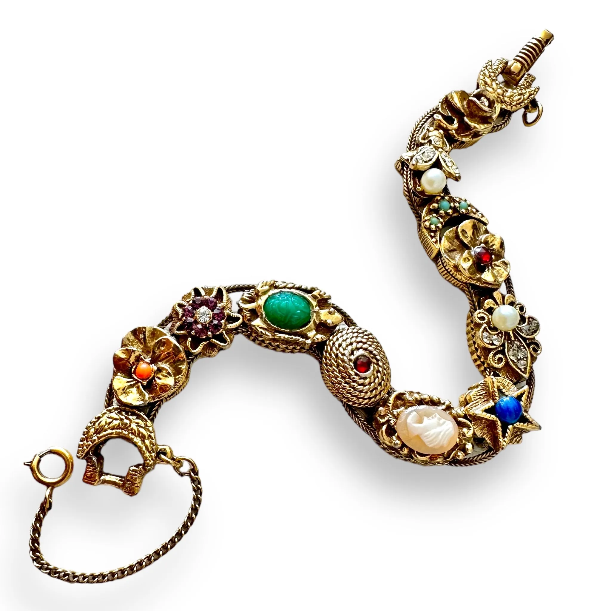 Vintage Mid Century Goldette Slide Unique Charms  Link Bracelet