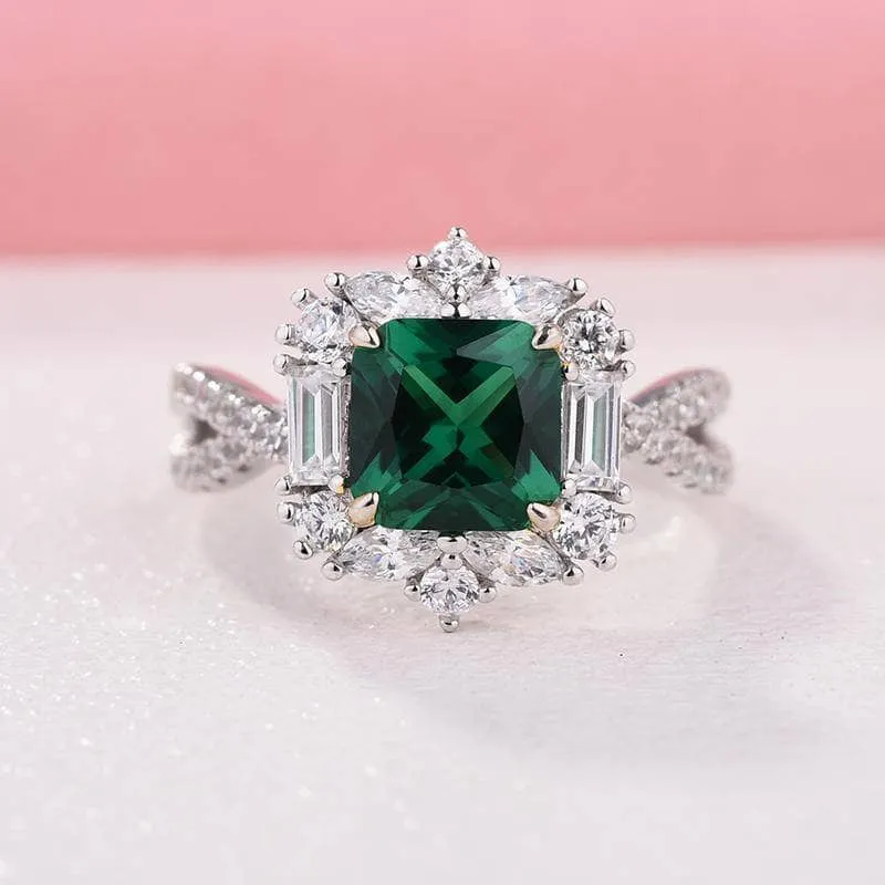 Vintage Twist Emerald Green Princess Cut Engagement Ring