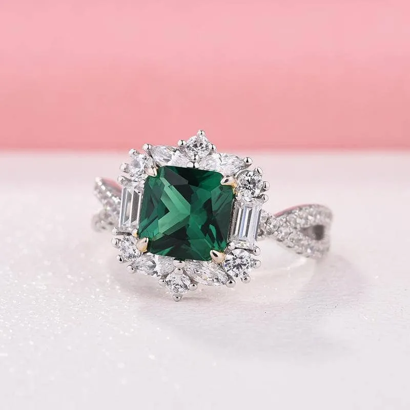 Vintage Twist Emerald Green Princess Cut Engagement Ring