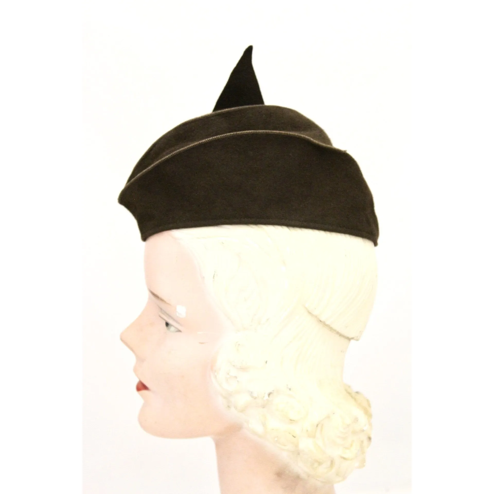 Vintage Womens Felt Hat Late 1930s Military Style Brown O/S