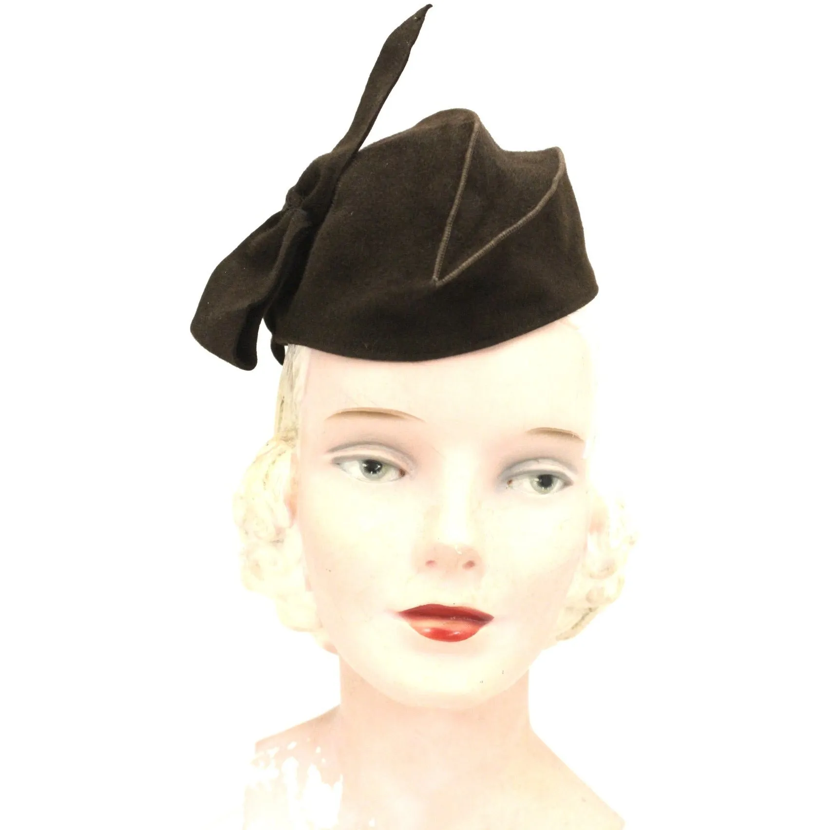 Vintage Womens Felt Hat Late 1930s Military Style Brown O/S