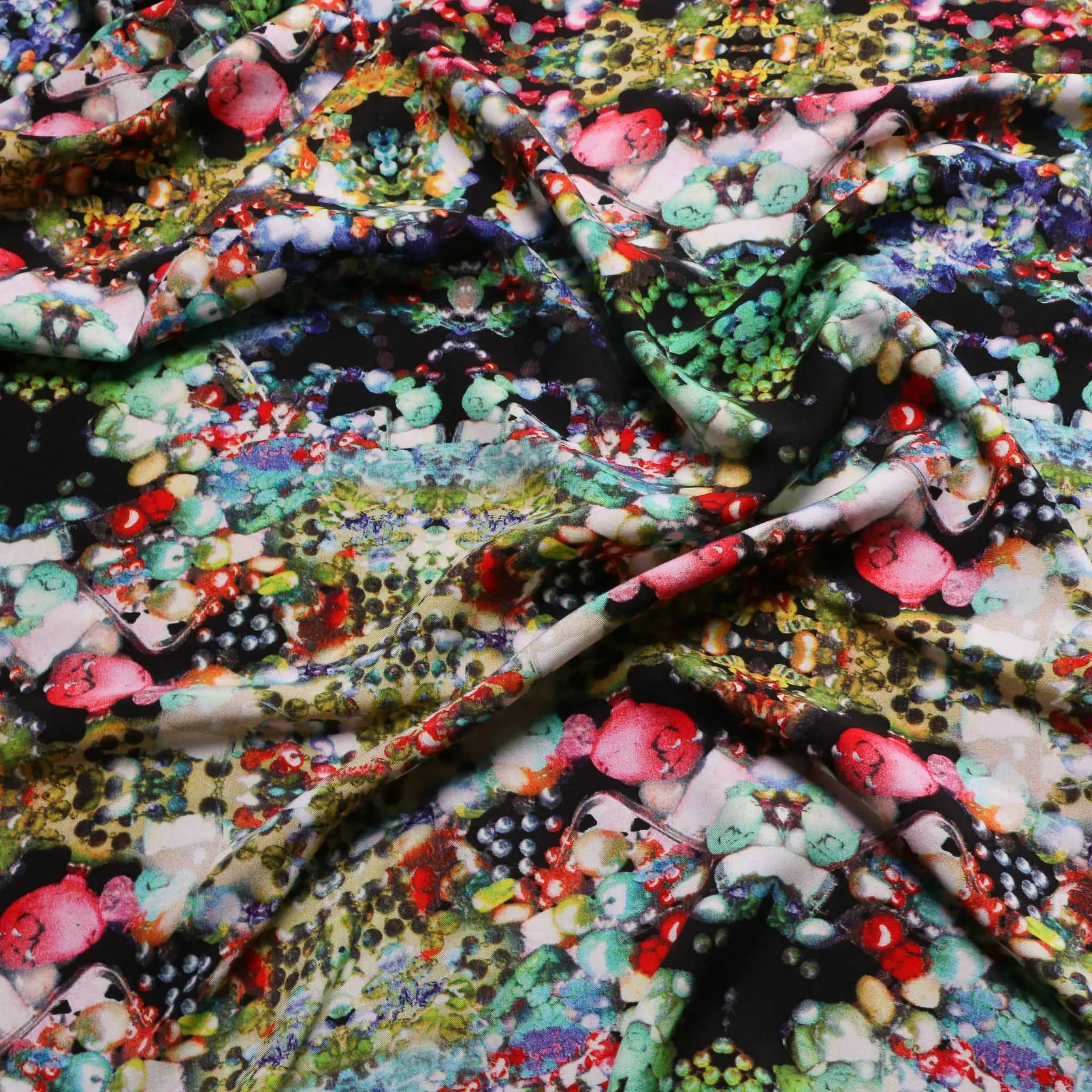 Viscose Challis Fabric - Multicoloured on black