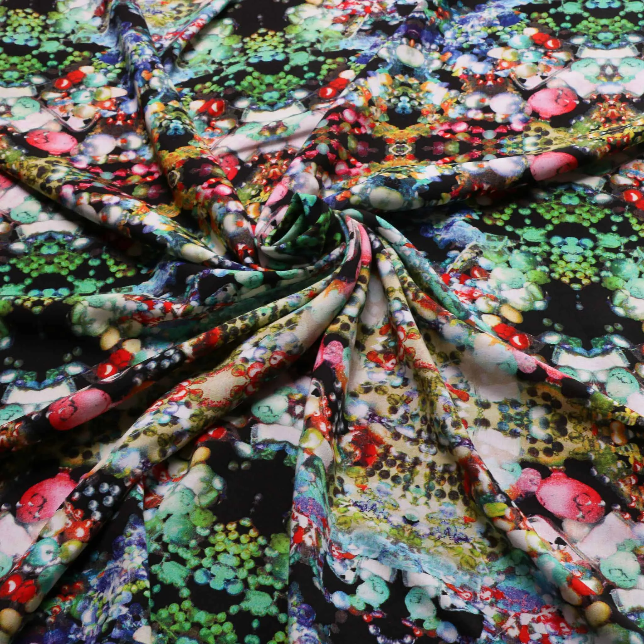 Viscose Challis Fabric - Multicoloured on black