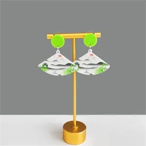 White & Green Landscape Fan Drop Earrings