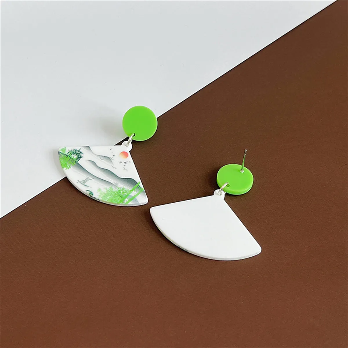 White & Green Landscape Fan Drop Earrings