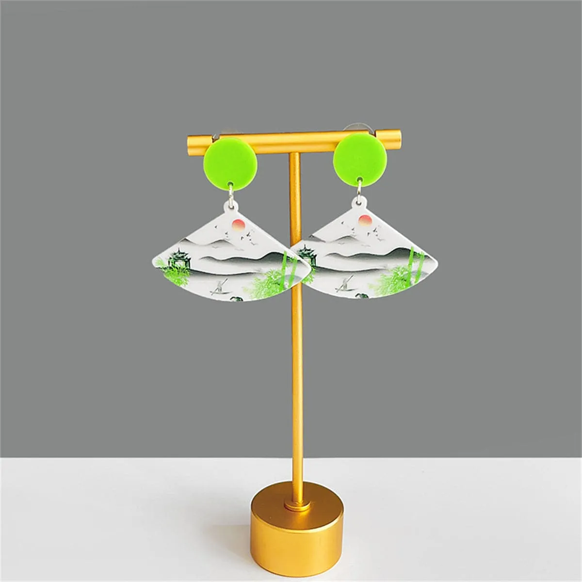 White & Green Landscape Fan Drop Earrings