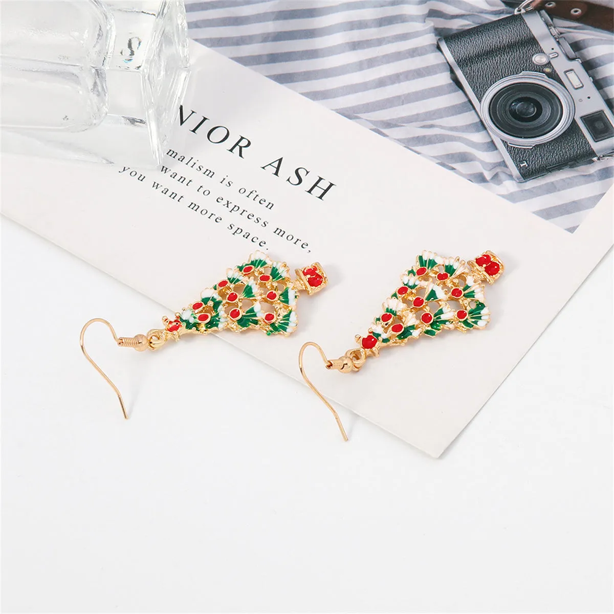 White & Red Enamel 18K Gold-Plated Christmas Tree Drop Earrings