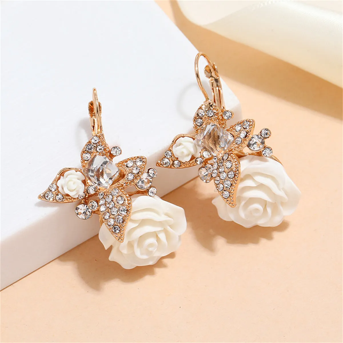White Crystal & Cubic Zirconia Flower Drop Earrings